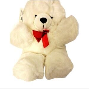 1990s Teddy Bear 20" White Plush Realistic w Tags Red Ribbon EUC Perfect CUTE!!